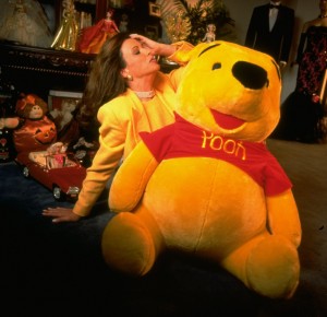 Mattel CEO Jill Barad w. giant stuffed bear in likeness of Winne-the-Pooh.